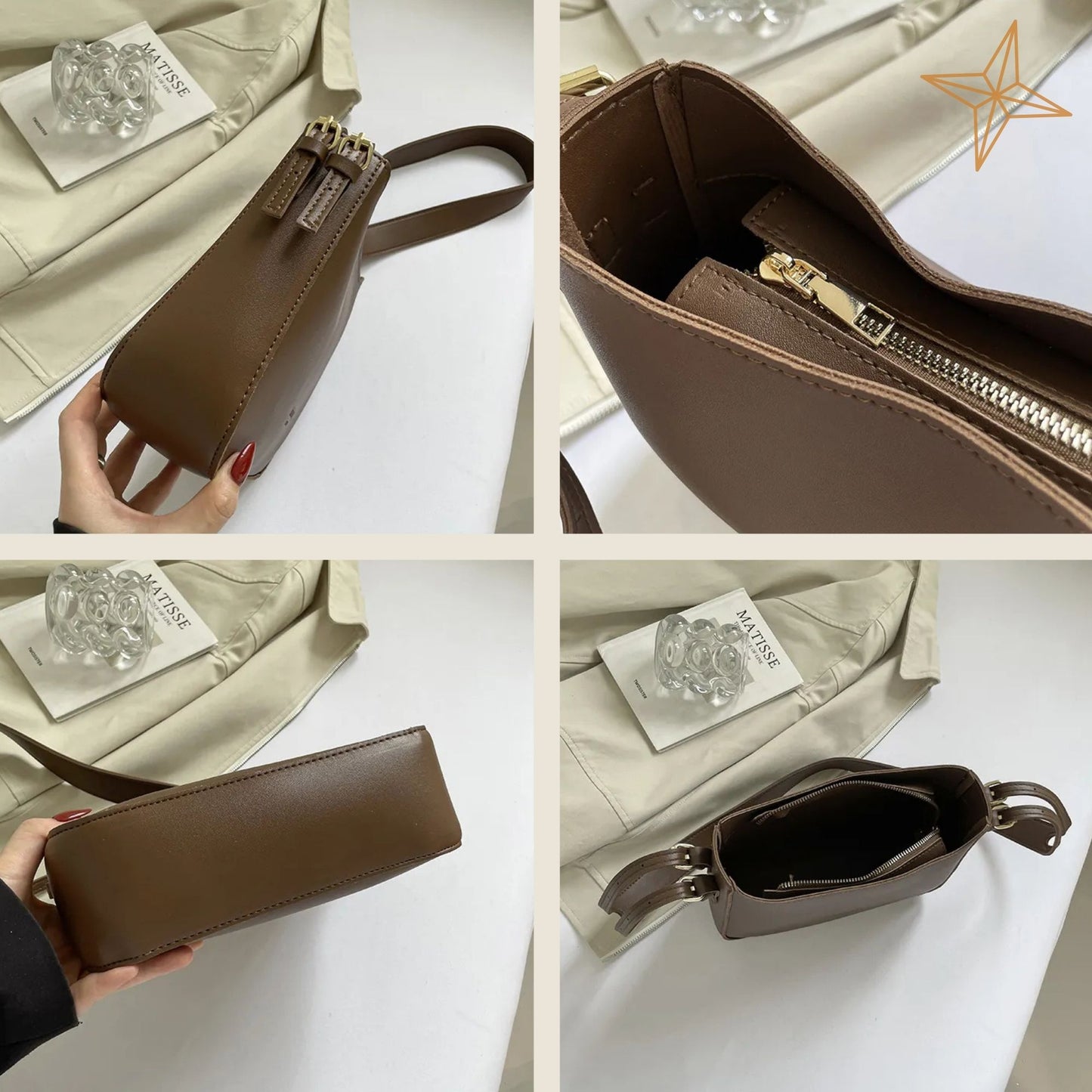 Brown leather handbag shown from multiple angles on a white background