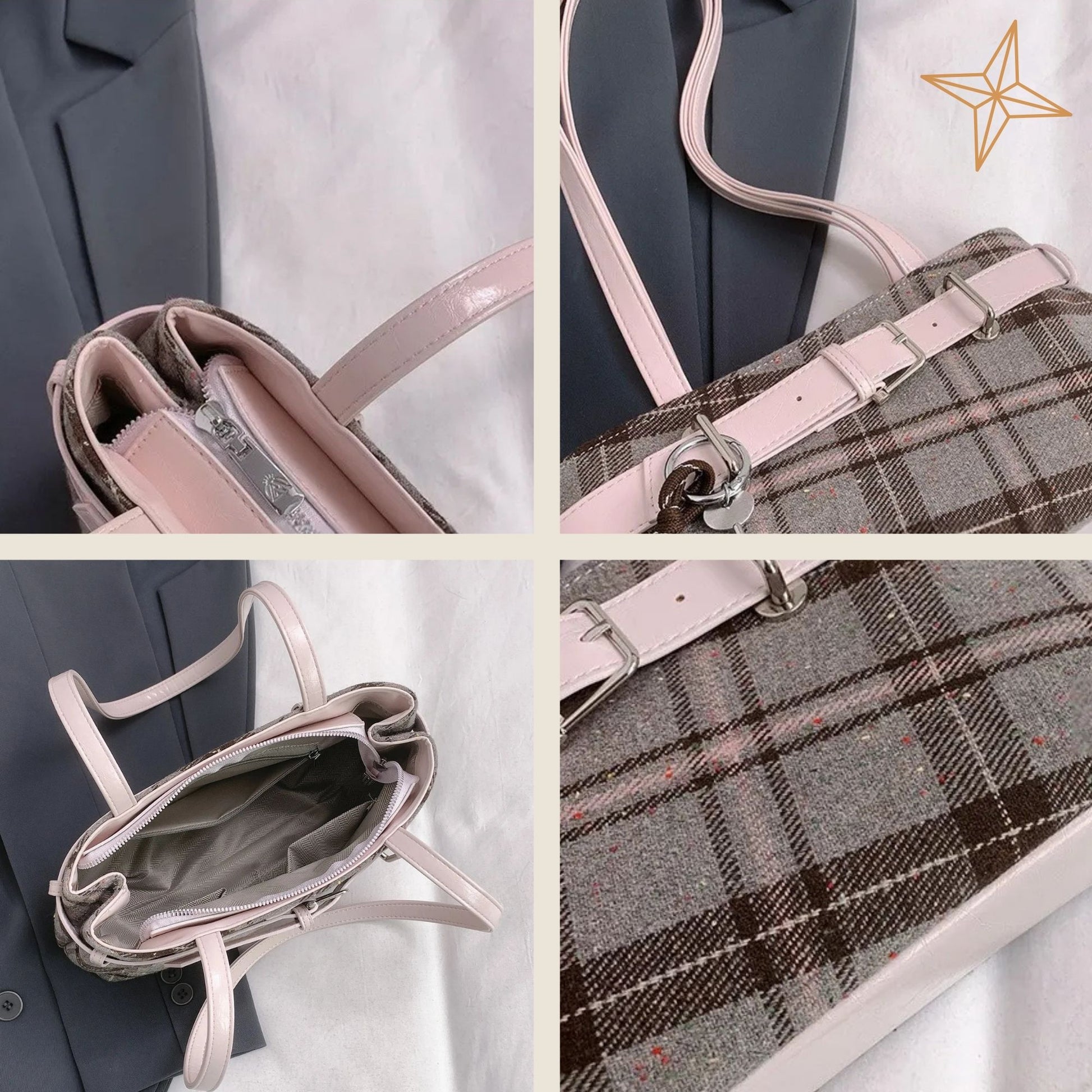 Collage of a plaid shoulder bag with pink straps and trim, shown from different angles.