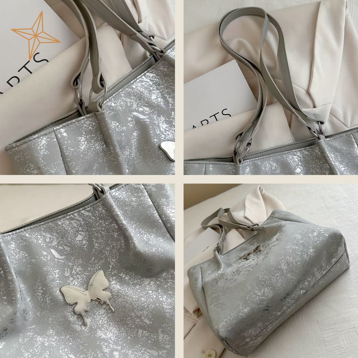 Silver glittery totebag with butterfly charm on a white background