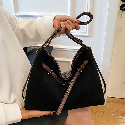 Caspian Kairo Large Suede Shoulder Bag in premium black vintage matte finish