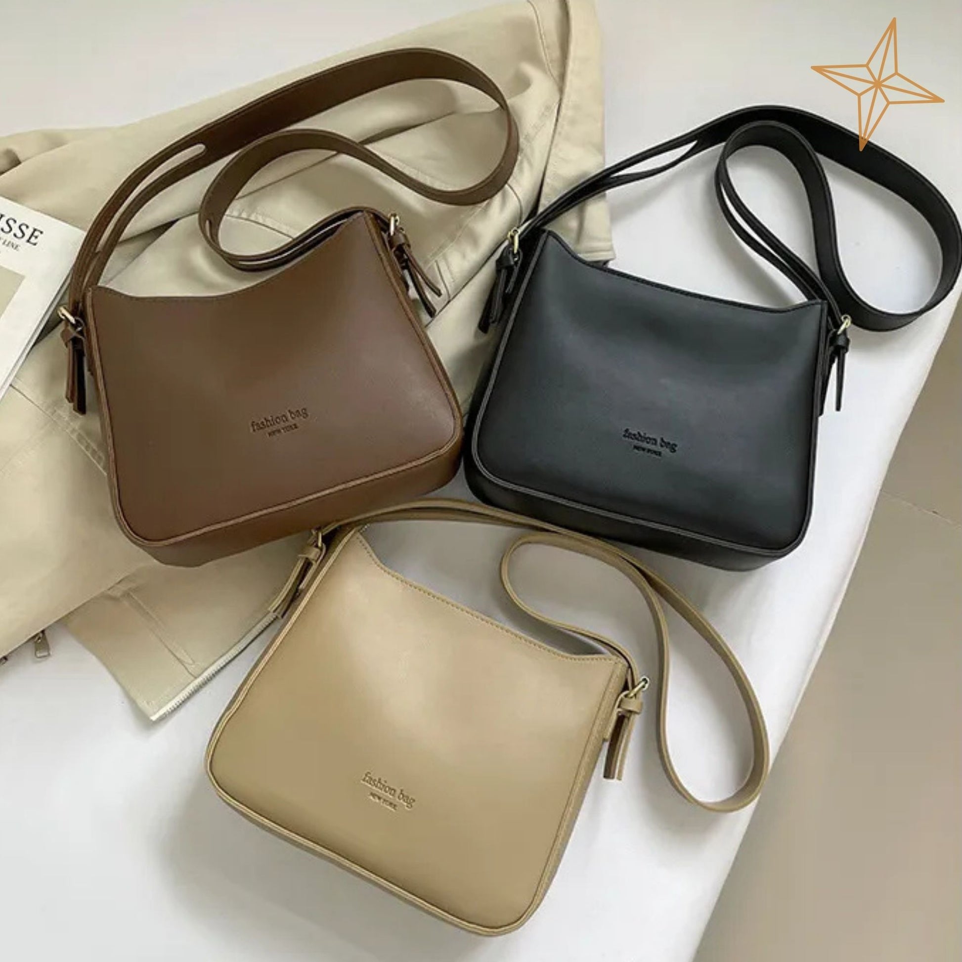 Three leather dumpling crossbody bag women in brown, black, and beige on a light surface.
