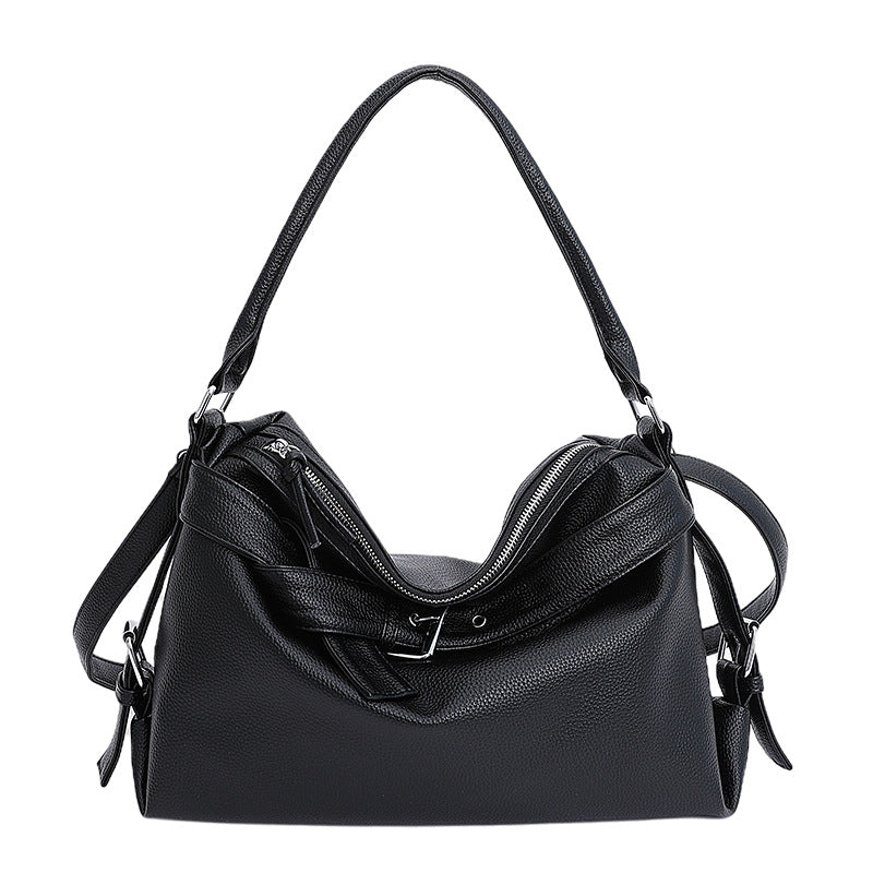 Black large retro tote bag  with shoulder strap on a white background