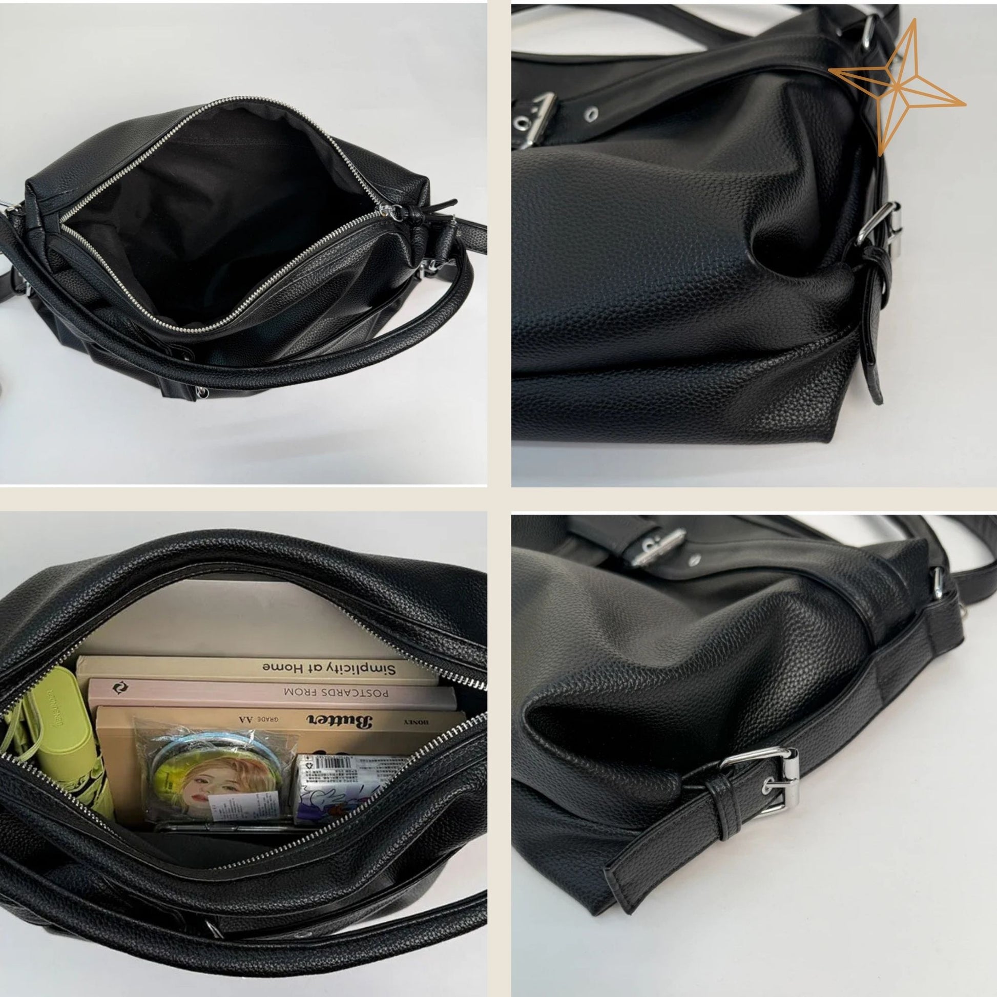 Black leather bag shown from multiple angles with a white background