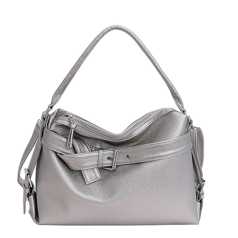 Silver large retro tote bag with a strap on a white background