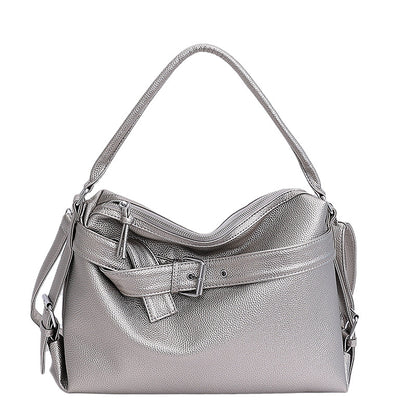 Silver large retro tote bag with a strap on a white background